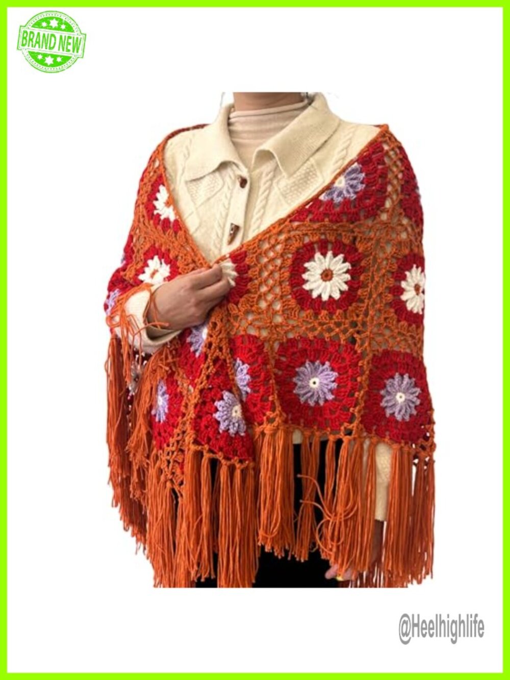 Handmade Crochet Boho Shawl Wrap Scarf Fringe Lightweight Festival